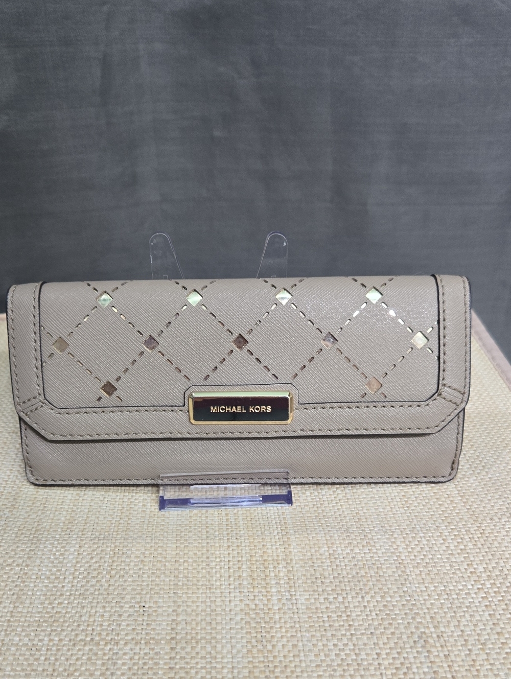 Michael Kors Taupe Quilted Continental Wallet with Gold Plaque